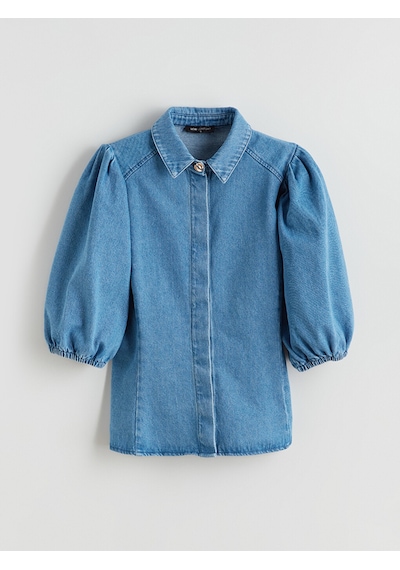 Lcw Comfort İndigo Balon Kollu Kadın Jean Gömlek