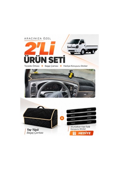 Kia Bongo 2004-2019 Uyumlu Torpido Örtüsü + Tay Tüyü Bagaj Çantası + Sticker Seti - Siyah Bej