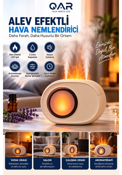 Ateş Efektli Buharlı Hava Nemlendirici Aroma Difüzörü Dekoratif Alev Görünümlü Ortam Nemlendirici