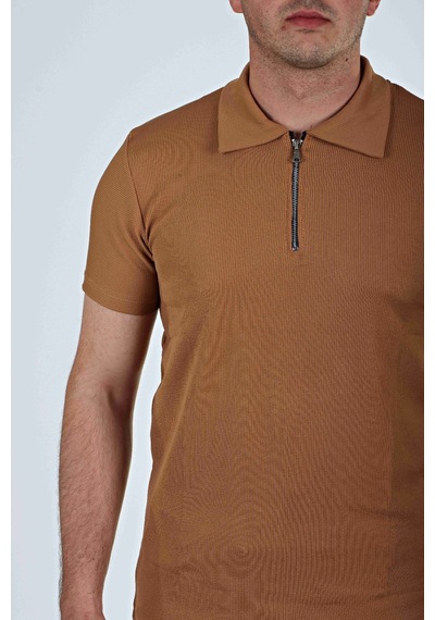 Eg38 Yarım Fermuar Polo Yaka Tşört Taba