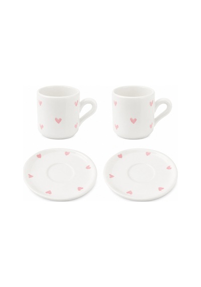 El Yapımı Seramik Türk Kahvesi Fincan Takımı,2 Kişilik-4 Parça Fincan Seti,75 Ml Çok Renkli - Pembe Kalp Desen