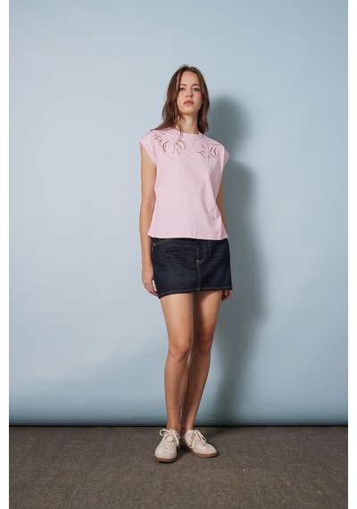 Nisan Cutwork Nakış Detaylı T-shırt Pembe