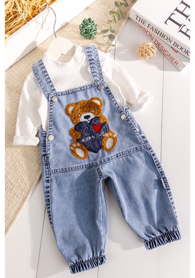 Baby Mod Ayıcık Figürlü Denim 2'li Erkek Bebek Kot Salopet Tulum mavi