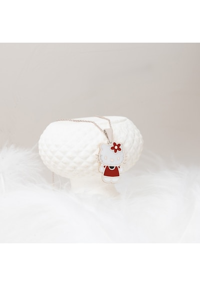 Dkmn Gümüş Hello Kitty Kırmızı Mine Taşlı Gümüş Kolye