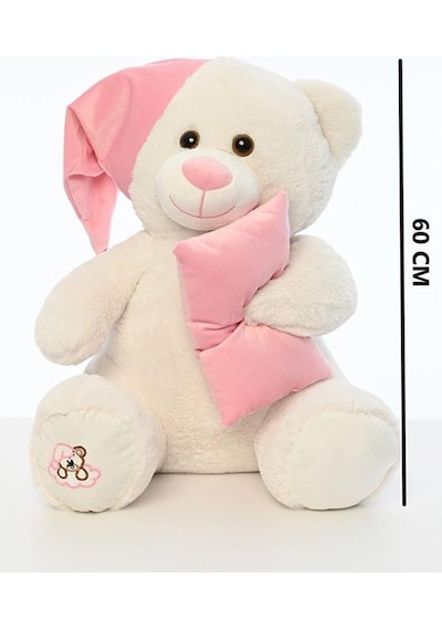 Pufu Toys Pelüş Uyku Arkadaşım Ayıcık 60 Cm Beyaz Pembe 03007 Krem