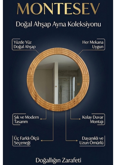Safir Ahşap Dekoratif Ayna Yuvarlak Ayna Işlemeli Ahşap Duvar Aynası - 43 Cm Ceviz