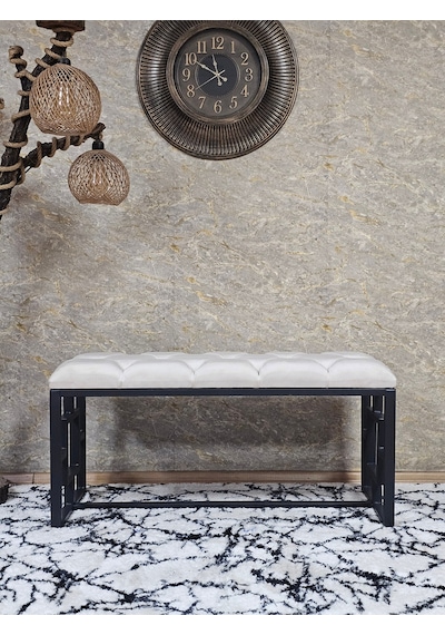 Zafir Siyah Boyalı İçi Kareli Diktörtgen 100 Cm X 40 Cm Oturak Puf - Bench - Makyaj Oturağı - Oturak Krem