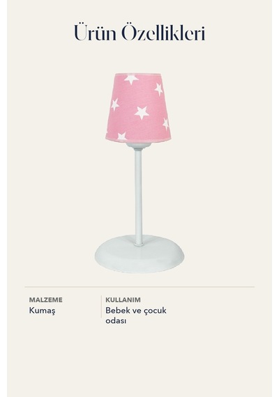 Bebek ve Çocuk Odası Konik Kumaş Abajur Masa Lambası Pembe -  Beyaz Yıldız
