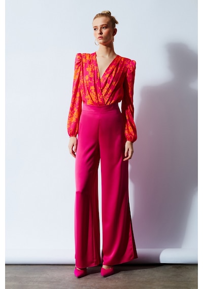 Sateen Yırtmaç Detaylı Saten Pantolon - Fuşya