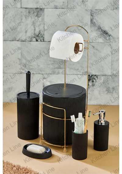 Gold 6 Parça Banyo Seti Metal Standlı Çöp Kovalı Wc Kağıtlık Ve Tuvalet Fırçası Katı- Sıvı Sabunluk Siyah