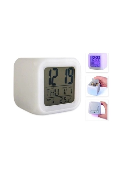 Renk Değiştiren Dijital Alarm Küp Saat Beyaz