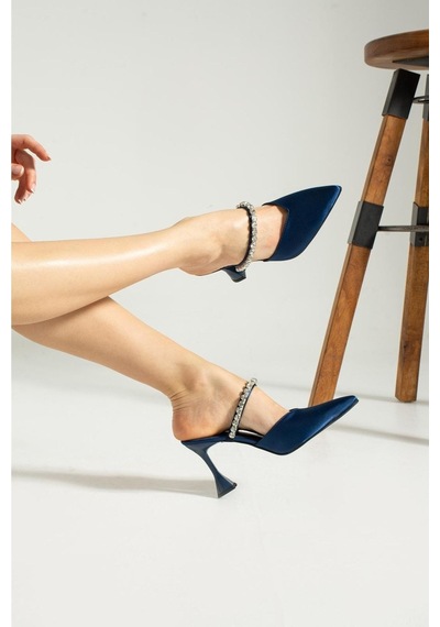 Duxal Shoes Turuncu Saten Taş Detaylı Topuklu Ayakkabı Lacivert