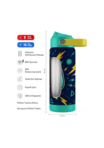 Puccon 540 Ml Oyun Konsolu Baskılı Sarı - Yeşil Erkek Çocuk Pipetli Çelik Termos Matara/suluk - 60045