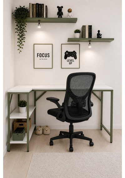 Beyaz/yeşil L Masa, Kitaplıklı, Raflı, 120 Cm Çalışma Masası, Bilgisayar, Pc, Oyuncu, Gaming Masası Metal Ayaklı