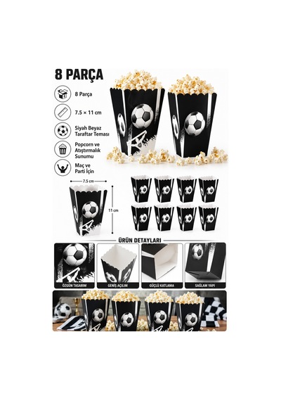 Mısır Kutusu Popcorn Kutusu 8'li Taraftar Siyah Beyaz 7.5x11 Cm Maç Parti Atıştırmalık Kutusu