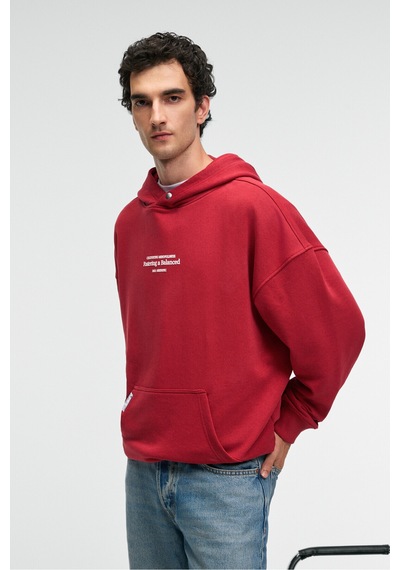 Grimelange CLAY Erkek %100 Pamuk Kapüşonlu Çıtçıtlı Baskılı Cebi Süs Etiketli Kırmızı Sweatshirt