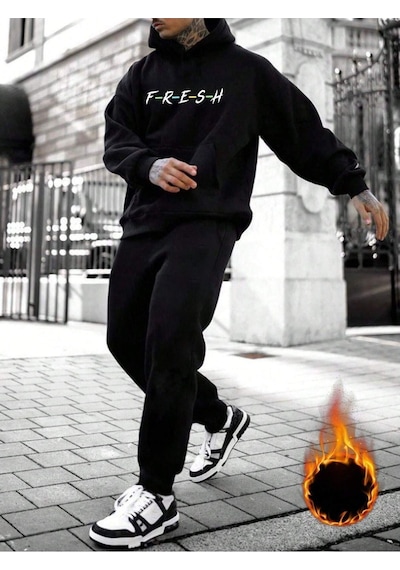 Fresh Eşofman Takımı Sweatshirt Jogger - Siyah Baskılı Şardonlu Kapüşonlu Siyah