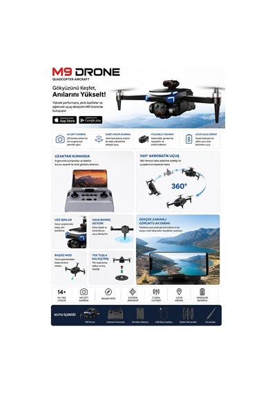 Premium M9 Plus 4k Hd Kameralı Katlanabilir Drone, Ekranlı Kumandalı, 5g Wi-fi Fpv Görüntü, Optik Akış