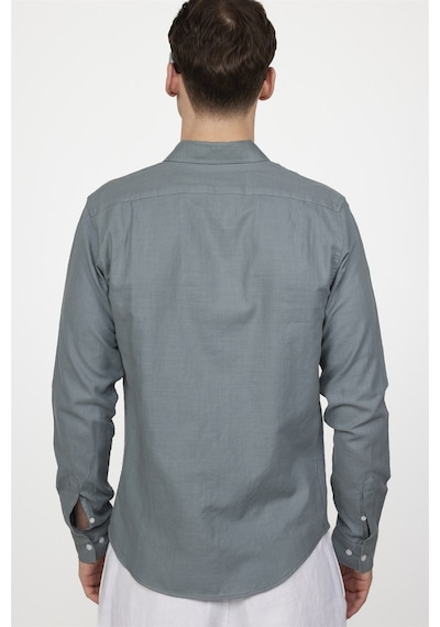 Tudors Slim Fit Uzun Kol Biyeli Yaka Düğmeli Gri Keten Erkek Gömlek-27505-gri Gri
