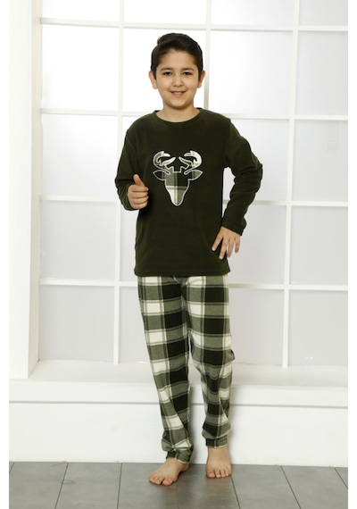 Nisanca Kışlık Baba Oğul Polar Pijama Takımı -geyikli Yılbaşı Aile Pijaması- Tek Adet Haki