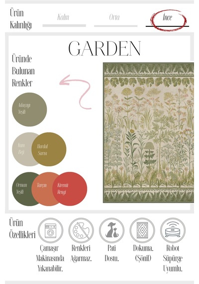 Garden 801 Yeşil Bej Çiçekli Halı Tasarım Halı Yıkanabilir İnce Halı Oturma Odası Salon Halısı