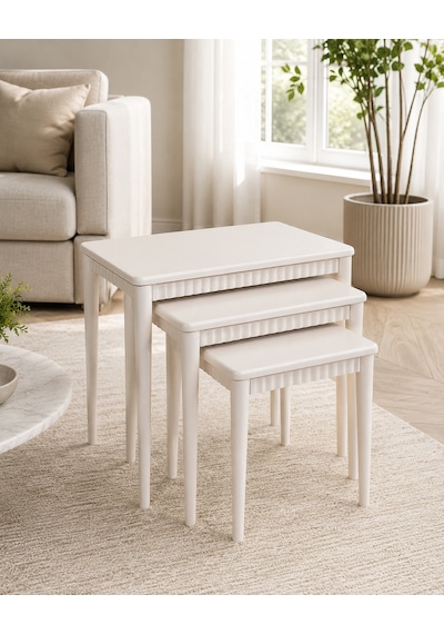 Ganni Home Lodos 3 Lü Zigon Sehpa Seti Krem Krem Gürgen İskeletli, Dekoratif Çıtalı Modern Ve Ferah Tasarım