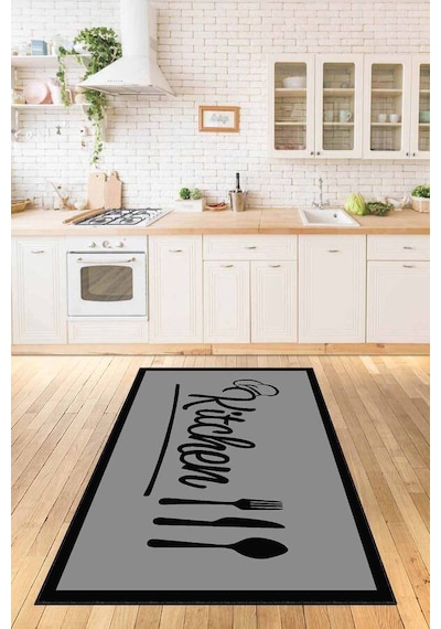 Gri Kaymaz Taban Yıkanan Kitchen Yazılı Mutfak Halısı Ar176n11