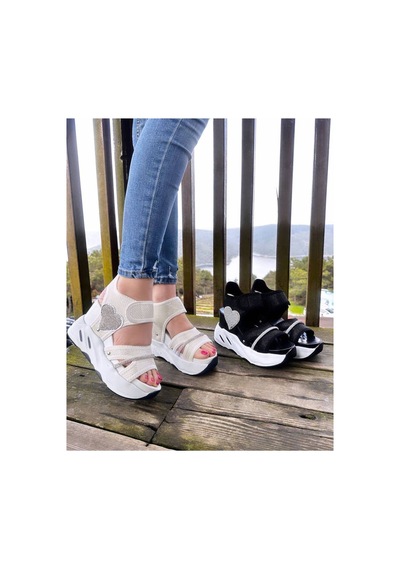 Lady Kadın Siyah Beyaz Dolgu Topuklu Spor Sandalet Taşlı Beyaz