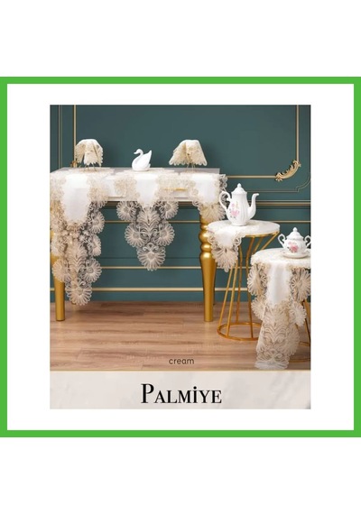 Vaveni Çeyizlik Palmiye Model Krem-krem Keten Masa Örtüsü Runner Seti 7 Parça Salon Dekorasyon Arz