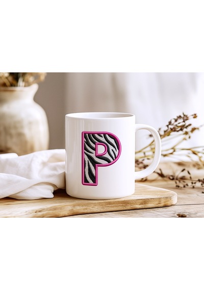 P Harfi Zebra Deseni Ve Pembe Kenarlı Kupa Bardak - Kişiye Özel Nakış Efektli - Siyah Beyaz Pembe Beyaz