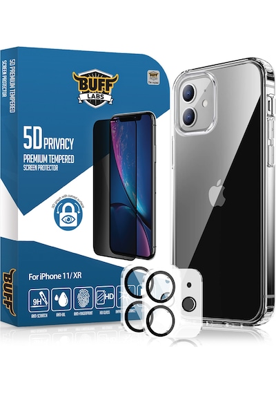 Buff Apple Uyumlu iPhone 11 Avantaj Paket - Air Hybrid Kılıf + Ekran Koruyucu + Lens Koruyucu Privacy Hayalet