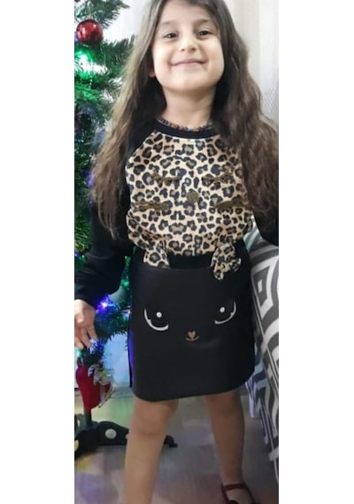 Modavals Kedi Nakışlı Deri Etek & Leopar Desenli Badi Kız Çocuk Kombin 2-3 Yaş Siyah