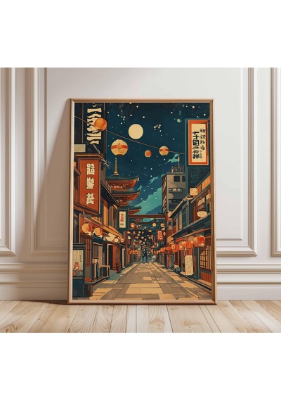Japon Fener Sokağı Posteri, Vintage Japon Gece Pazarı Duvar Sanatı, Asya Şehir Manzarası Baskısı, Ay Işığında Pagoda Dekorasyonu, Tokyo Ev Sanatı