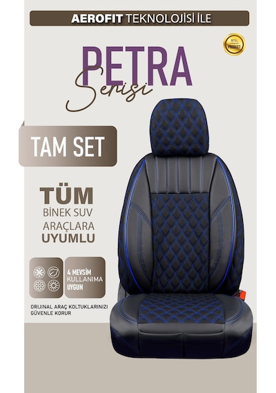 Renault Modus Uyumlu Lüx Yarı Deri Oto Koltuk Kılıfı Ön Arka Takım Petra Siyah Mavi