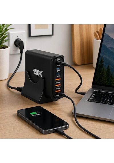 150w Gan Hızlı Şarj İstasyonu, 6 Portlu Masaüstü Şarj Aleti, 3 Usb-c Type-c Ve 3 Usb-a Girişli Çoklu Adaptör, Telefon Tablet Laptop İçin Akıllı Güç Dağıtımlı Şarj Cihazı