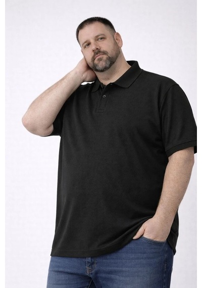 Erkek Polo Yaka Düğmeli Tişört Pike Kumaş Battal Beden Kısa Kol T-shirt - Siyah
