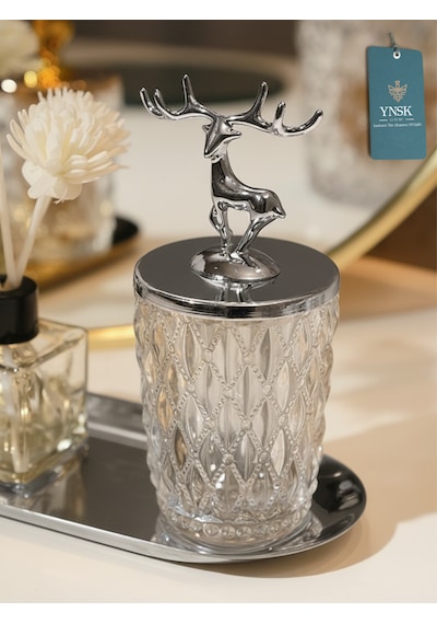Chacha Home Luxury Lusso 2'li Gümüş Geyik Figür Kapaklı Kristal Cam Şekerlik, Saklama Kabı, Kavanoz