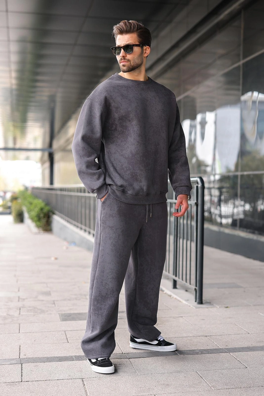 Madmext Füme Bisiklet Yaka Batik Desenli Erkek Sweatshirt Pantolon Takım E7344 Füme