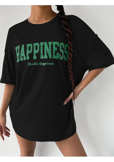 Siyah Oversize Happıness Baskılı T-shirt - Oversize Unisex Siyah