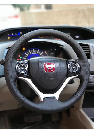 Honda Cıvıc Fb7 Araç İçin Kırmızı Dikişli Çift Desenli Deri Araç Direksiyon Kılıfı Siyah