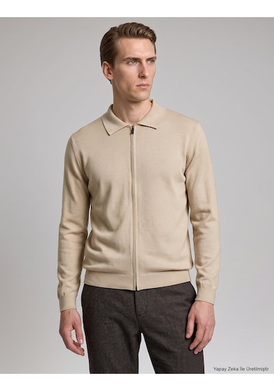 Pierre Cardin Kum Melanj Slim Fit Fermuarlı Polo Yaka Basic Triko Kazak 50333917-vr123