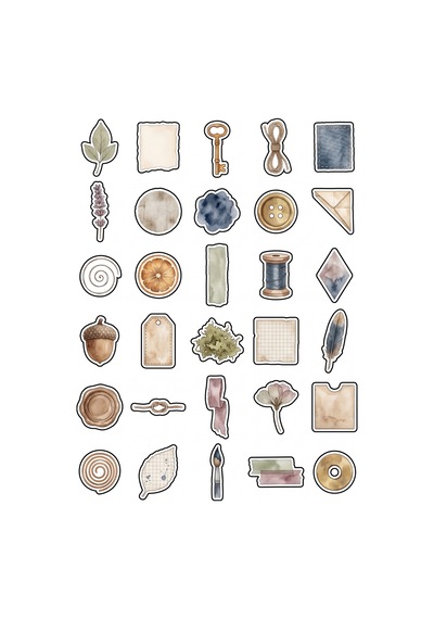 30 Adet Vintage Suluboya Nostaljik Obje Sticker Seti - Laptop Ajanda Scrapbook Çok Renkli