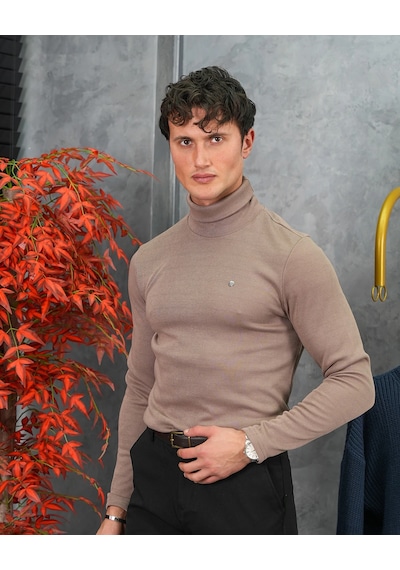 Modefendi Slim Fit İtalyan Kesim Tam Balıkçı Boğazlı Kazak Kahverengi