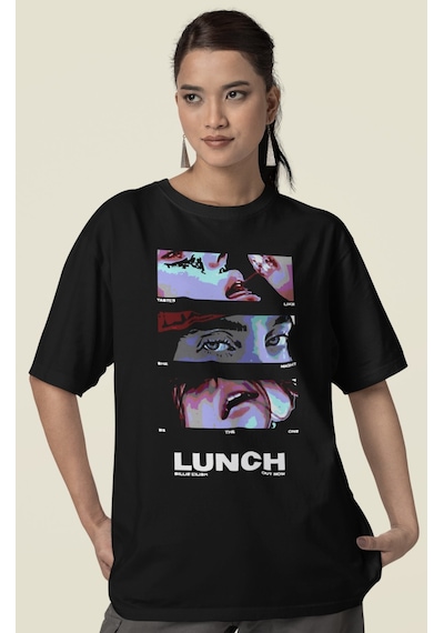 Sevbano Billie Eilish Lunch Baskılı Unisex Oversize Şarkıcı Tişört Siyah