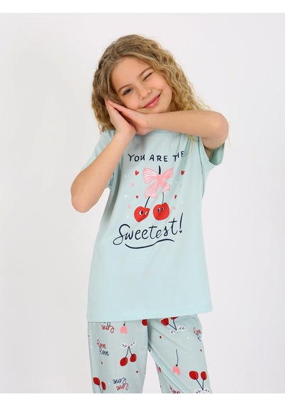 Kız Çocuk Kısa Kollu %100 Pamuklu Pijama Takımı Cherry Mint