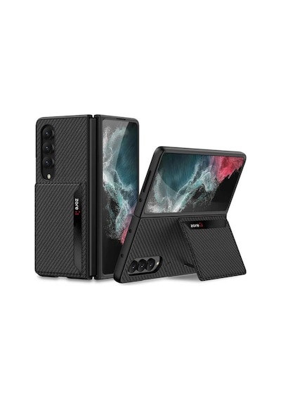 Samsung Uyumlu Galaxy Z Fold 4 Kılıf Kartlıklı Karbon Korumalı Kapak Siyah