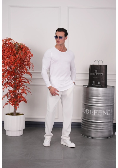 Modefendi Slim Fit Oval Kesim Uzun Kollu Pamuk Basic Tshırt Beyaz