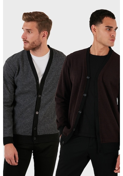 Buratti Pamuklu Regular Fit Düğmeli V Yaka 2'Li Paket Erkek Hırka 456205S2 Bordo-Gri