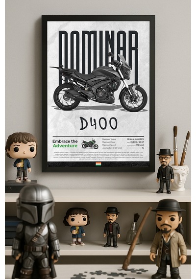 Bajaj Dominar 400 Siyah Ahşap Çerçeveli Poster, Dekoratif Motosiklet Duvar Tablosu