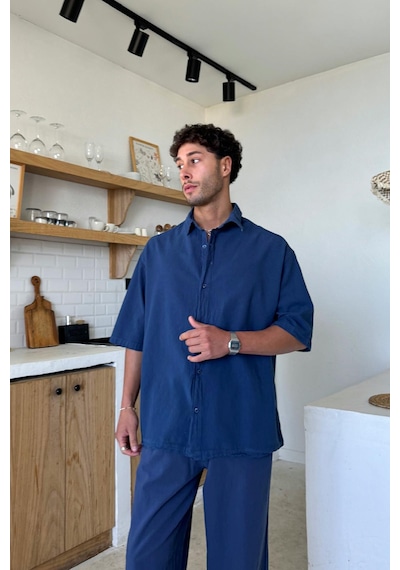 Flaw Basic Oversize Kısa Kol Keten Gömlek Lacivert-26085 Lacivert
